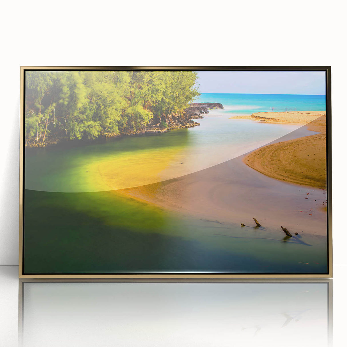Mid-century modernist acrylic print of Kauai landscape in gold frame, ideal for modern art wall decor.