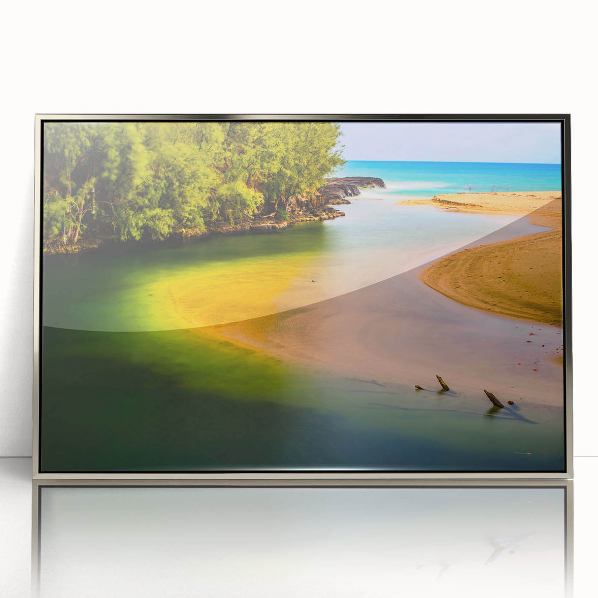 Mid-century modernist acrylic print of Kauai, Hawaii scenery in muted green and blue tones, ideal for nursery wall art.