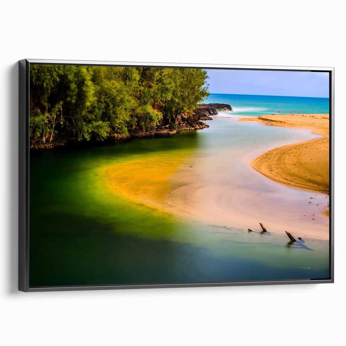 Black and white framed canvas of Kauai landscape, ideal for bedroom wall art.
