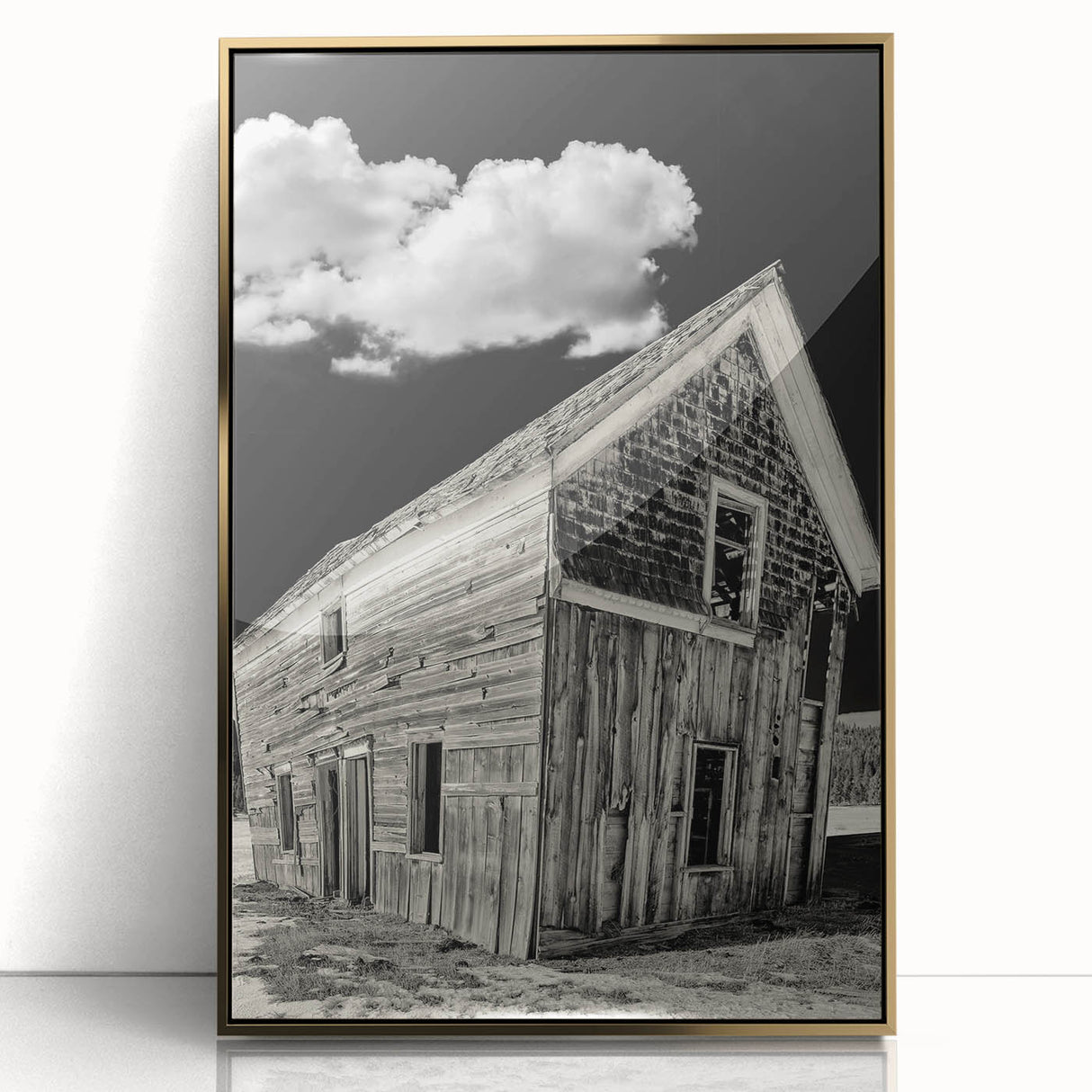 Large art print of Idaho scenery in mid-century modernist style, featuring acrylic framing with golden hues.