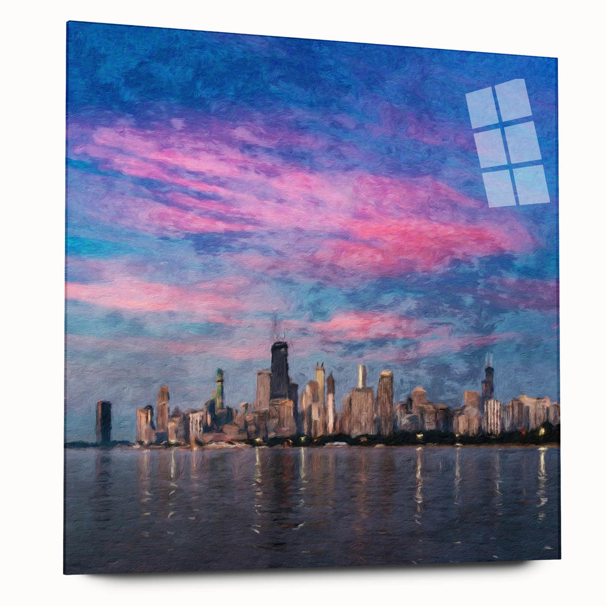 Large abstract depiction of Chicago's skyline in muted gray and blue tones on acrylic glass.