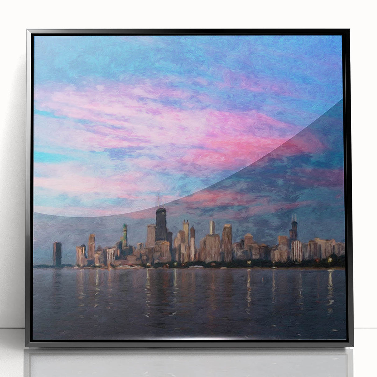 Large abstract wall art of Chicago skyline in black and white tones, framed acrylic, ideal for modern art wall decor.