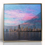 Large art print of Chicago skyline in gold and blue tones on framed acrylic, styled in mid-century modernist design.