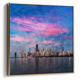 Framed canvas landscape art painting of Chicago skyline in silver and gold tones, suitable for bedroom wall art.