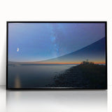 Large abstract wall art of Lake Michigan with muted blue and gray tones, framed in black acrylic.