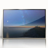Mid-century modernist art of Lake Michigan with muted blue and silver hues on a framed acrylic print.