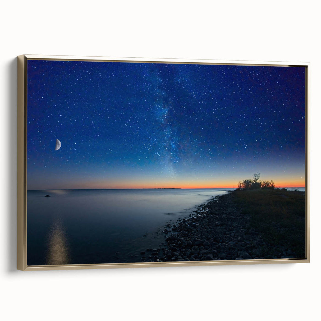 Framed canvas wall art featuring a vintage-style landscape of Lake Michigan, with muted gold and black tones.