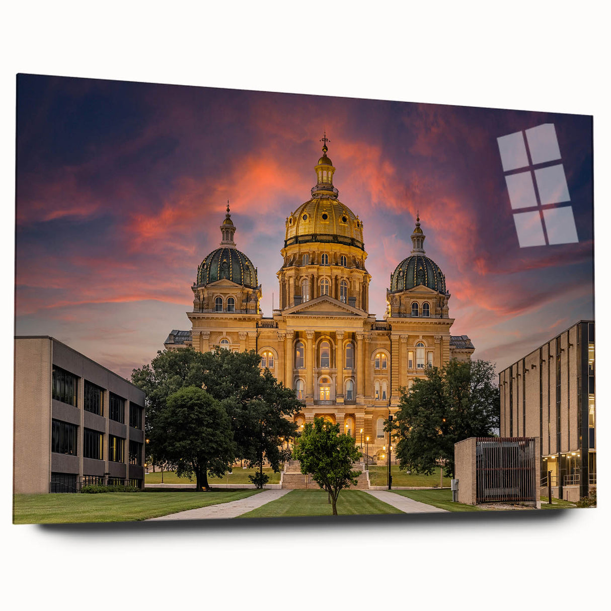 Large abstract wall art depicting Iowa scenery in muted earth tones, printed on acrylic glass.