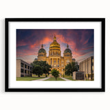 Abstract art print of Iowa scenery in vibrant, colorful hues on a large, textured canvas, framed in black.