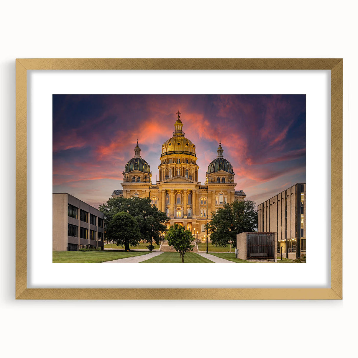 Extra large abstract art print depicting textured Iowa scenery in muted earth tones, framed in gold.