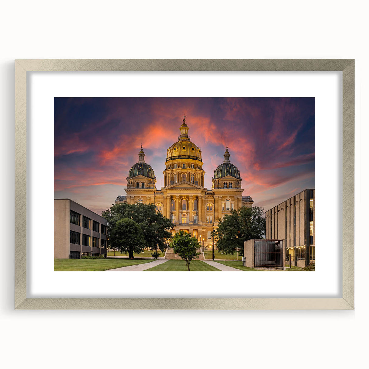 Textured abstract art print of Iowa scenery in muted earth tones, framed in silver, ideal for bedroom art.