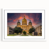 Abstract art print of Iowa scenery in muted green and blue tones, framed with a white mat, ideal for dining room decor.