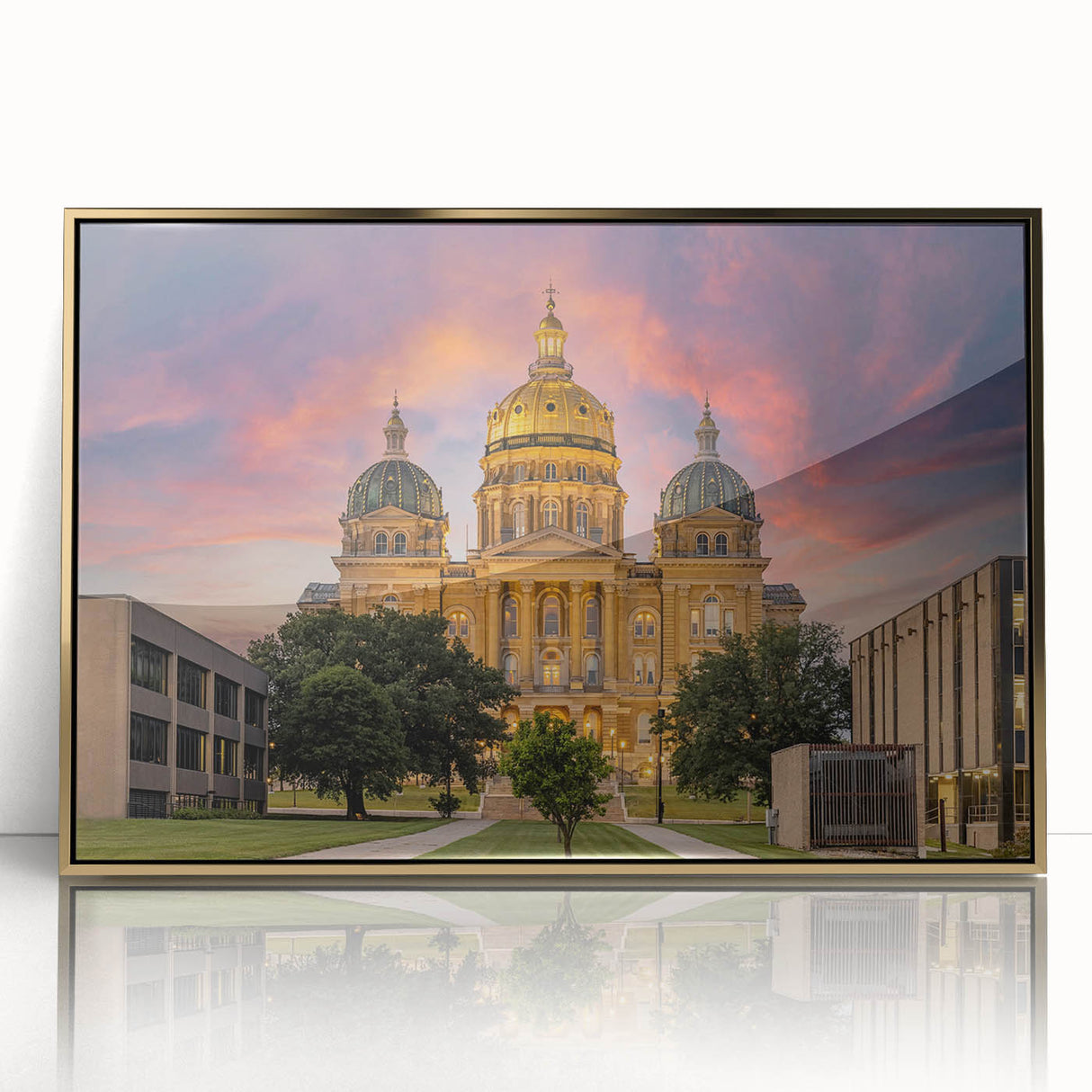 Mid-century modernist Iowa landscape in acrylic, framed in gold, ideal for nursery wall decor.