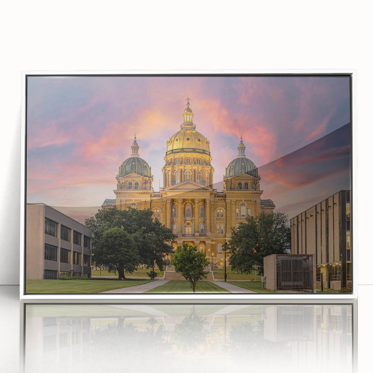 Acrylic print of a serene Iowa landscape in muted greens and blues, framed in white, suitable for modern nursery decor.