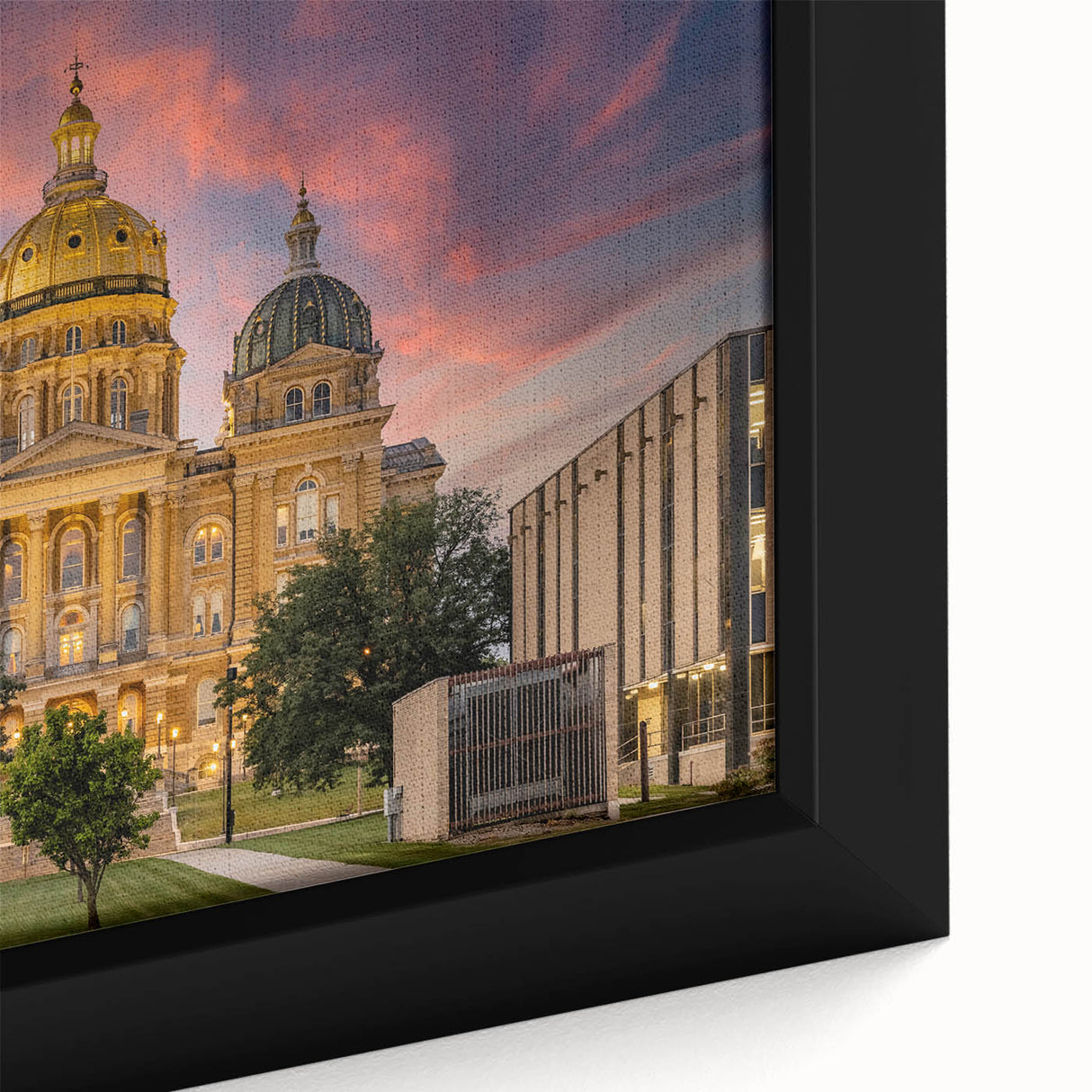 Framed canvas of a textured Iowa scenery in black with colorful accents, extra large for living room decor.
