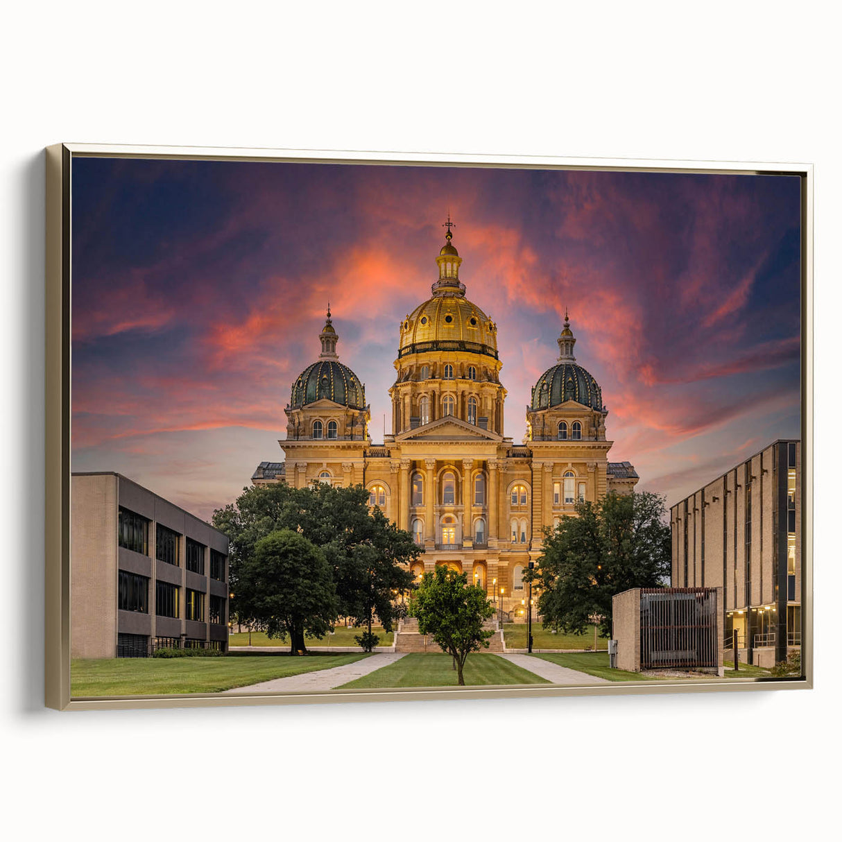 Framed canvas depicting a vintage-style Iowa landscape in muted gold and black tones, suitable for bedroom wall art.