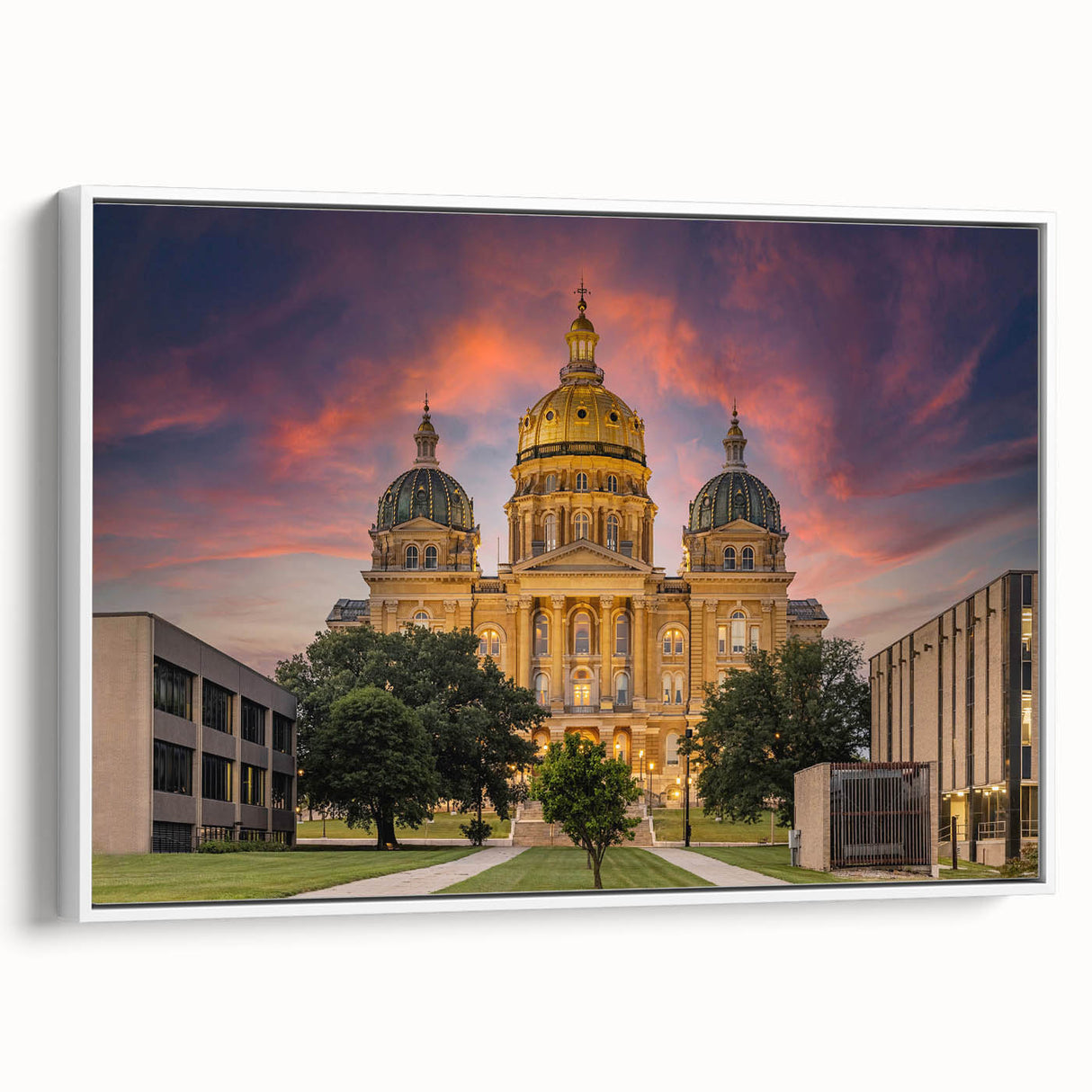 Vintage poster art of an Iowa landscape on a large framed canvas, featuring vibrant colors ideal for living room decor.