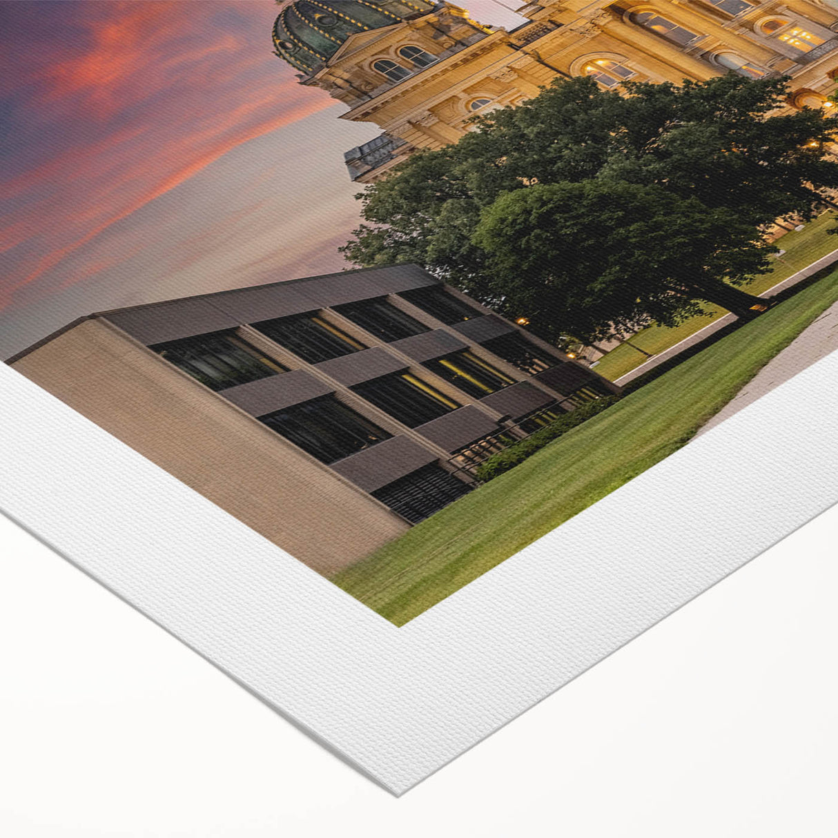 Art deco poster of Iowa scenery in muted earth tones on rolled canvas, suitable for dining room wall art.