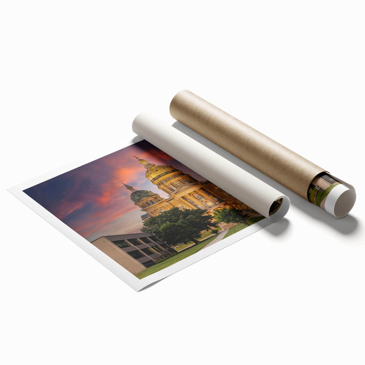 Extra large rolled print of Iowa scenery with soft floral motifs in pastel shades.