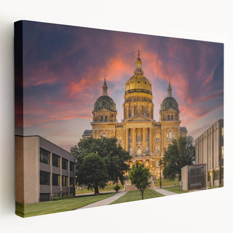 Scenic Iowa landscape on a large stretched canvas, featuring soft green and blue tones, ideal for kitchen wall art.