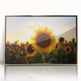Mid-century modernist Kansas scenery in gold and green hues on a framed acrylic, suitable for modern art wall decor.