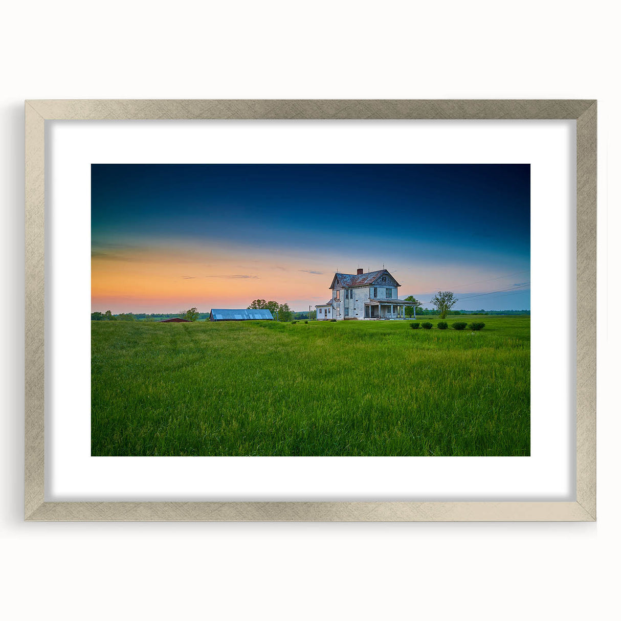 Textured art print of abstract Kentucky scenery in muted earth tones, framed in silver, ideal for bedroom art.