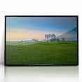 Large abstract wall art depicting rolling Kentucky hills in muted greens and blues, framed in black acrylic.