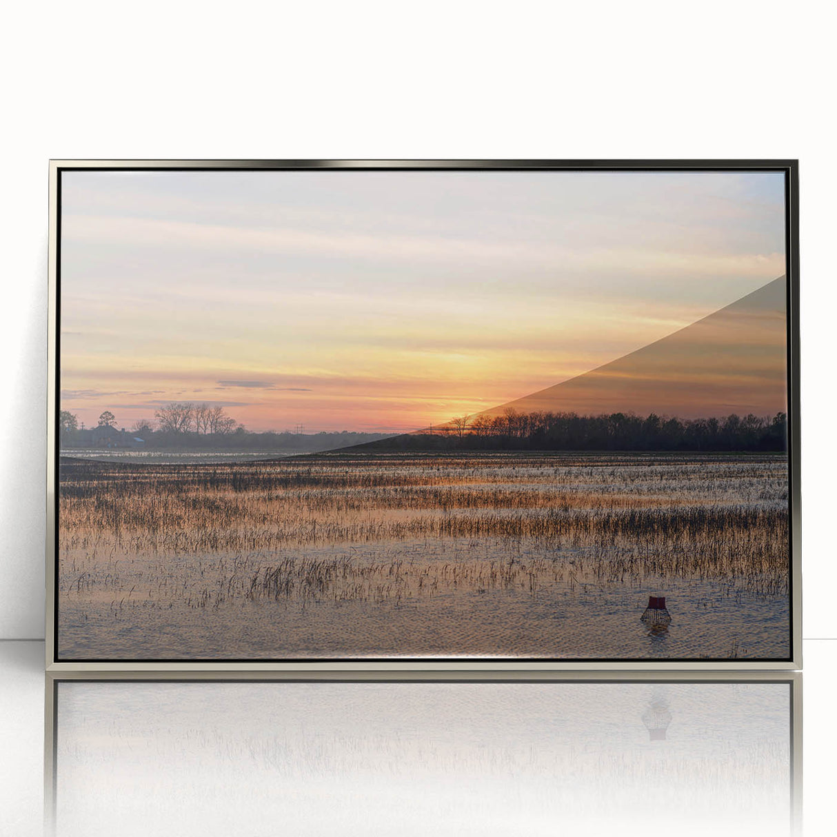 Mid-century modernist art depicting Louisiana scenery in muted earth tones on a silver-framed acrylic print.