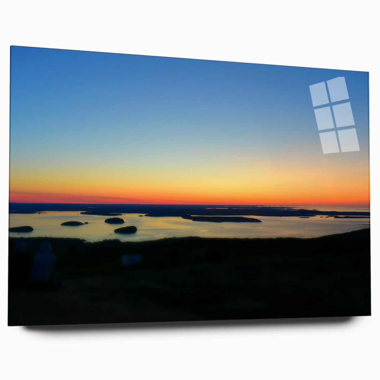 Acrylic glass print of Acadia, Maine, with vivid ocean and rocky shore colors, suitable for bedroom or dining room decor.
