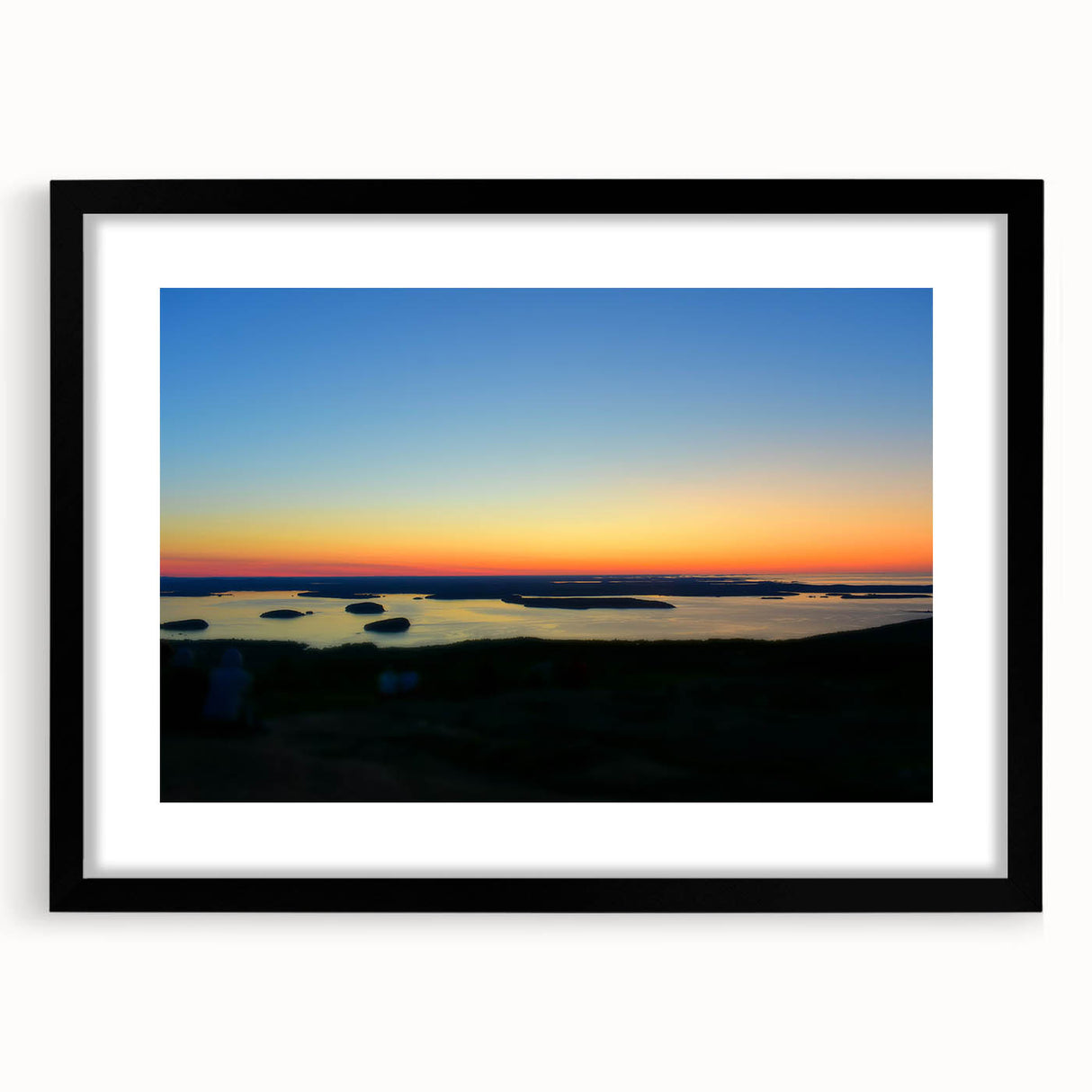 Colorful abstract art print of Acadia, Maine, in a black frame with texture, ideal for living room decor.