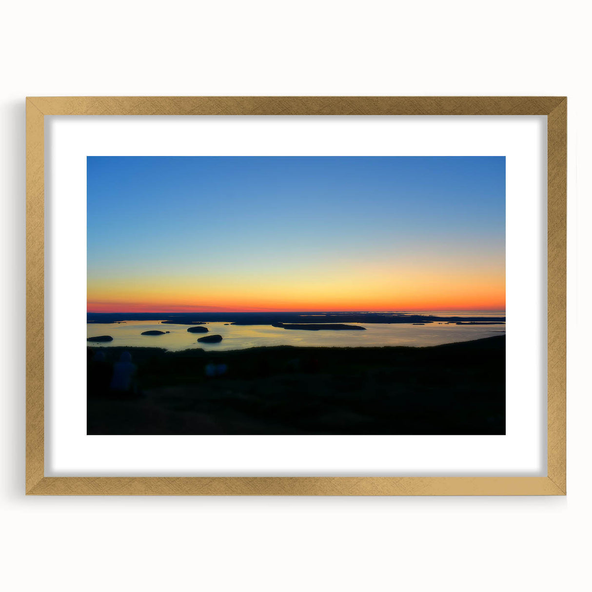 Extra large abstract art print of Acadia, Maine, featuring textured brush strokes in muted earth tones, framed in gold.