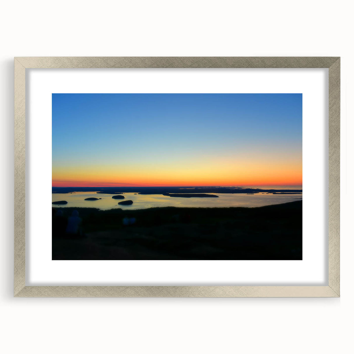 Textured abstract art print of Acadia in Maine, featuring muted earth tones, framed in silver, ideal for bedroom art.