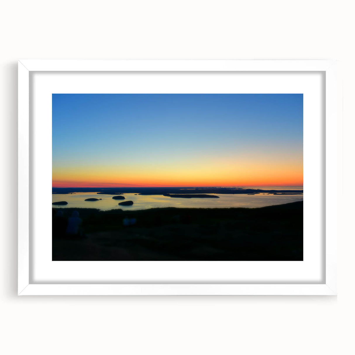 Abstract art print of Acadia, Maine, featuring muted blue and green tones on a white framed canvas.