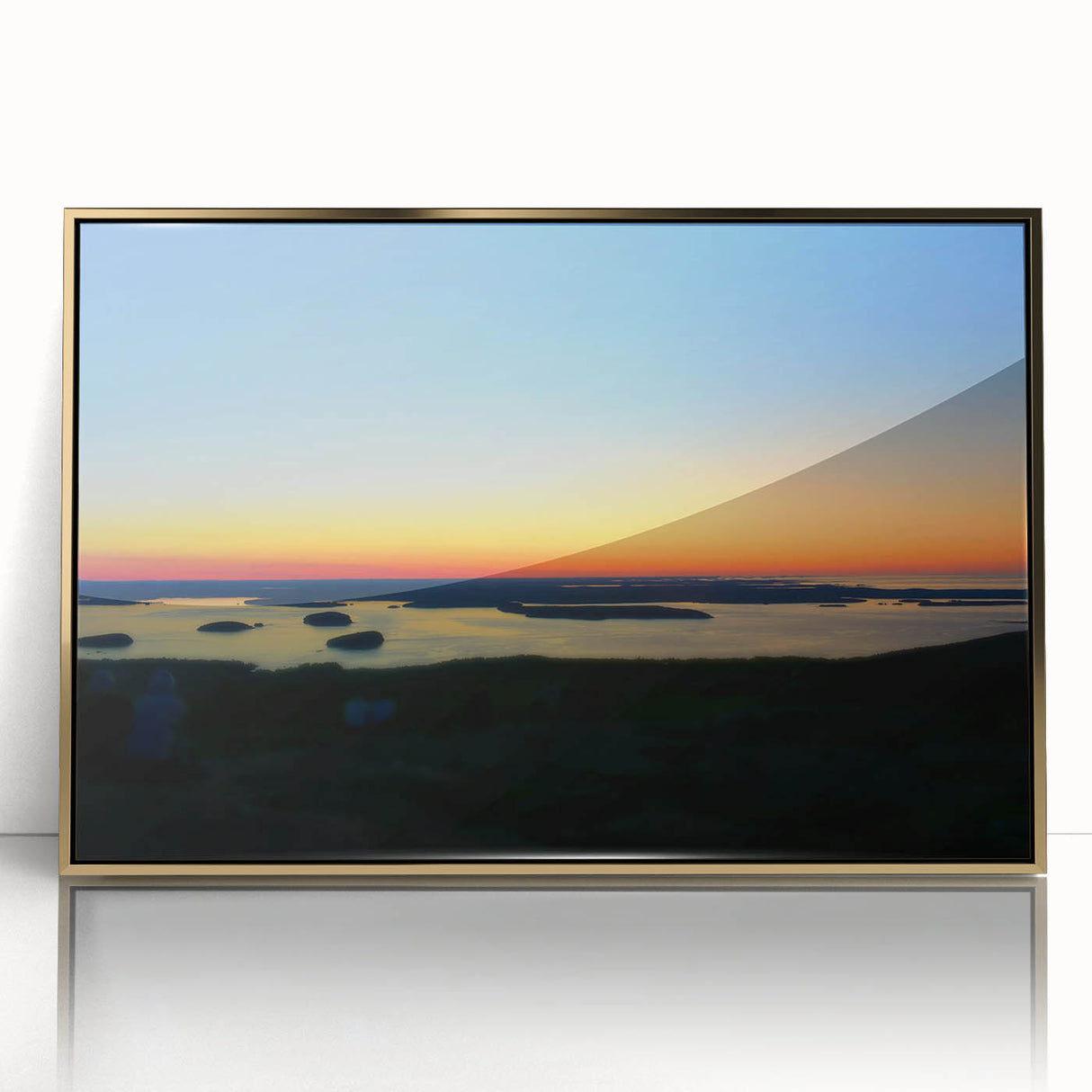 Acadia National Park scenery on large framed acrylic print, with mid-century modernist style in muted earth tones.