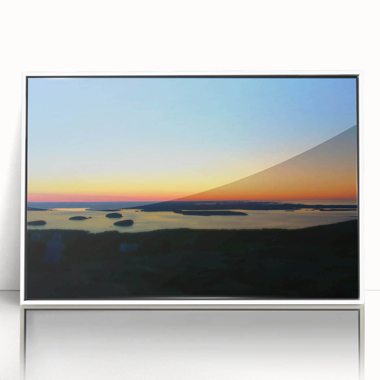 Acadia National Park scenery on white-framed acrylic, featuring serene blue and green tones, ideal for modern art wall decor.