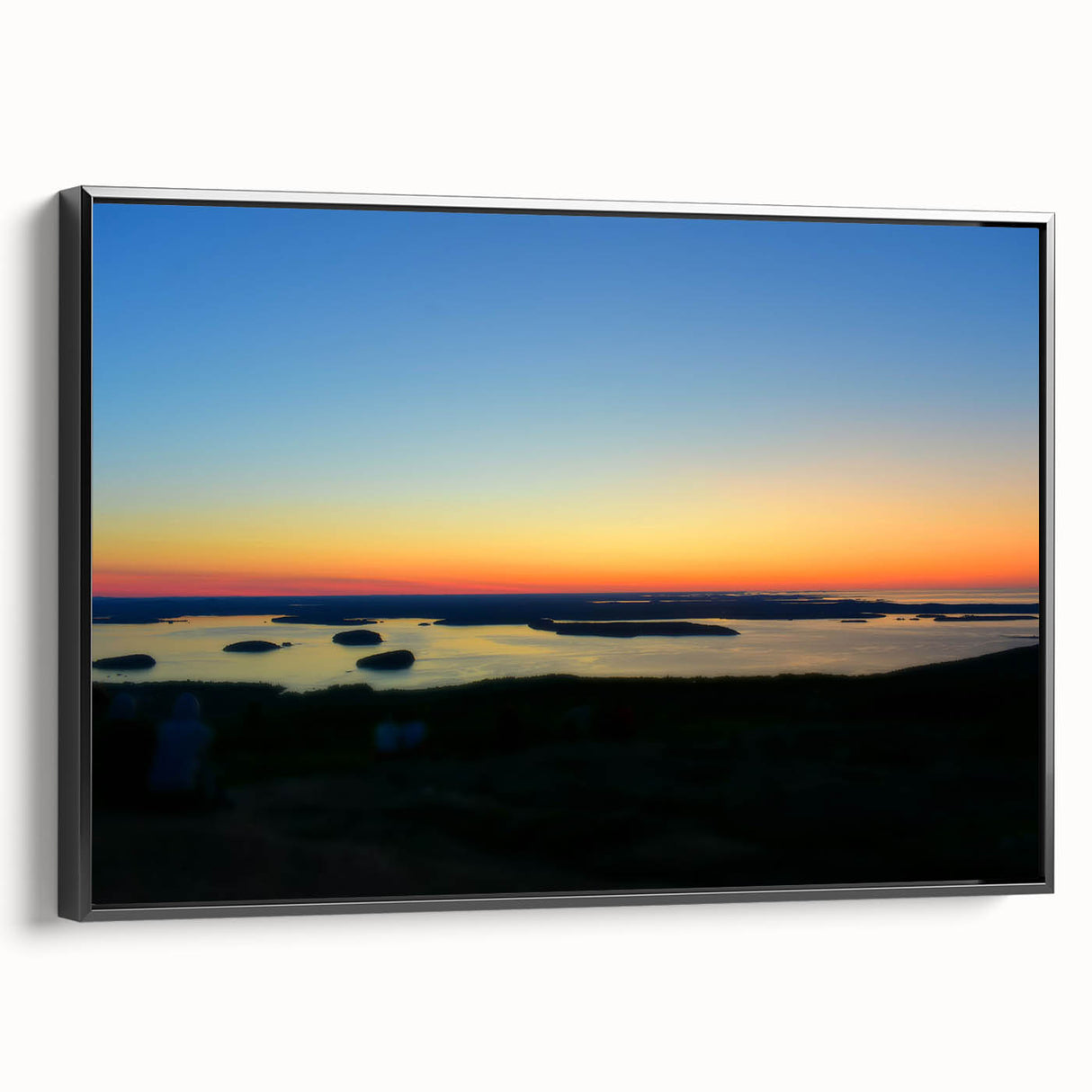 Black and white framed canvas of Acadia, Maine landscape, ideal for bedroom wall decor.