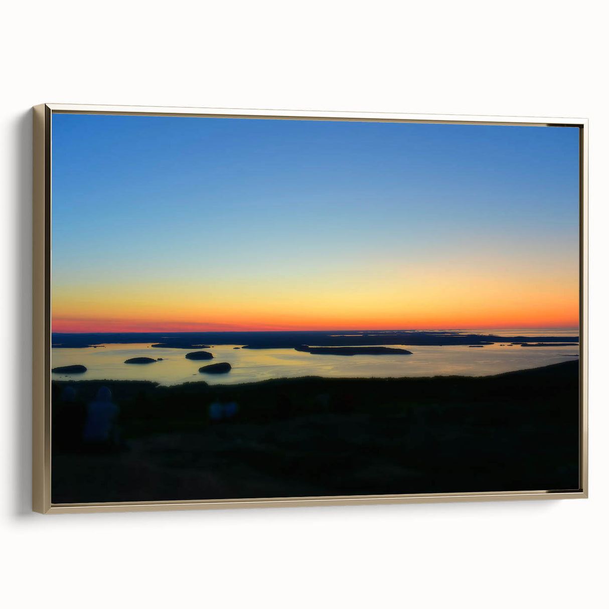 Landscape art painting of Acadia, Maine, featuring colorful foliage on a black framed canvas, ideal for living room decor.