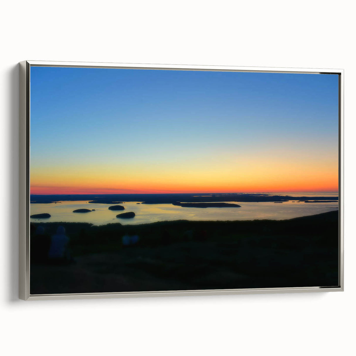 Vintage poster art depicting Acadia's landscape on a framed canvas, ideal for bedroom wall decor.