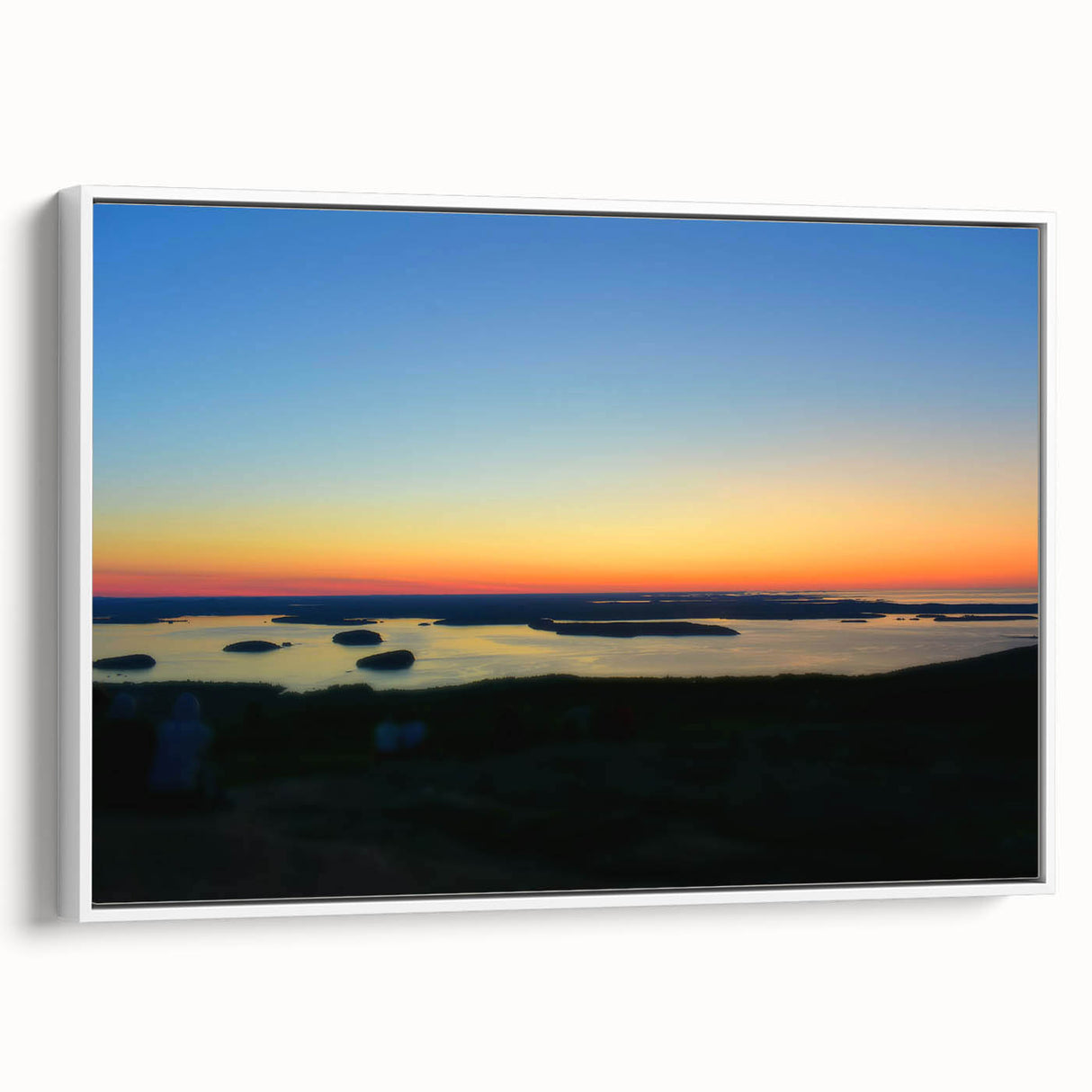 Vintage poster art of Acadia, Maine scenery in muted earth tones on a white-framed canvas, ideal for living room decor.