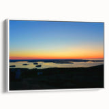 Vintage poster art of Acadia, Maine scenery in muted earth tones on a white-framed canvas, ideal for living room decor.