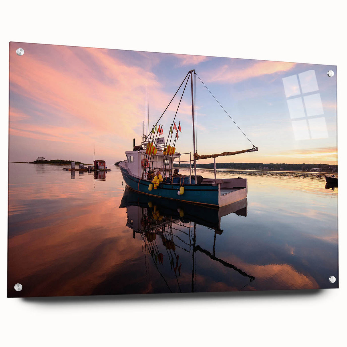 Acrylic print of a Maine landscape, featuring cool blue and green tones, ideal for dining room decor.