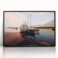 Large abstract wall art depicting a serene Maine landscape in muted earth tones, framed in black acrylic.
