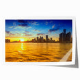 Extra large rolled print of Detroit skyline in muted gray and blue tones, ideal for art wall dining room.