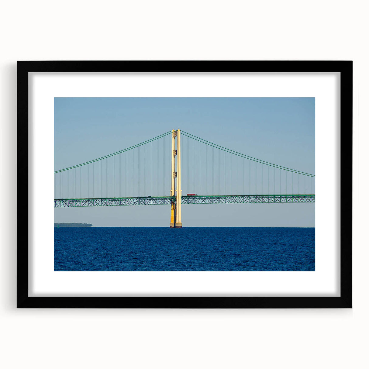 Extra large, colorful abstract art print of Michigan's Upper Peninsula scenery on textured canvas, framed in black.