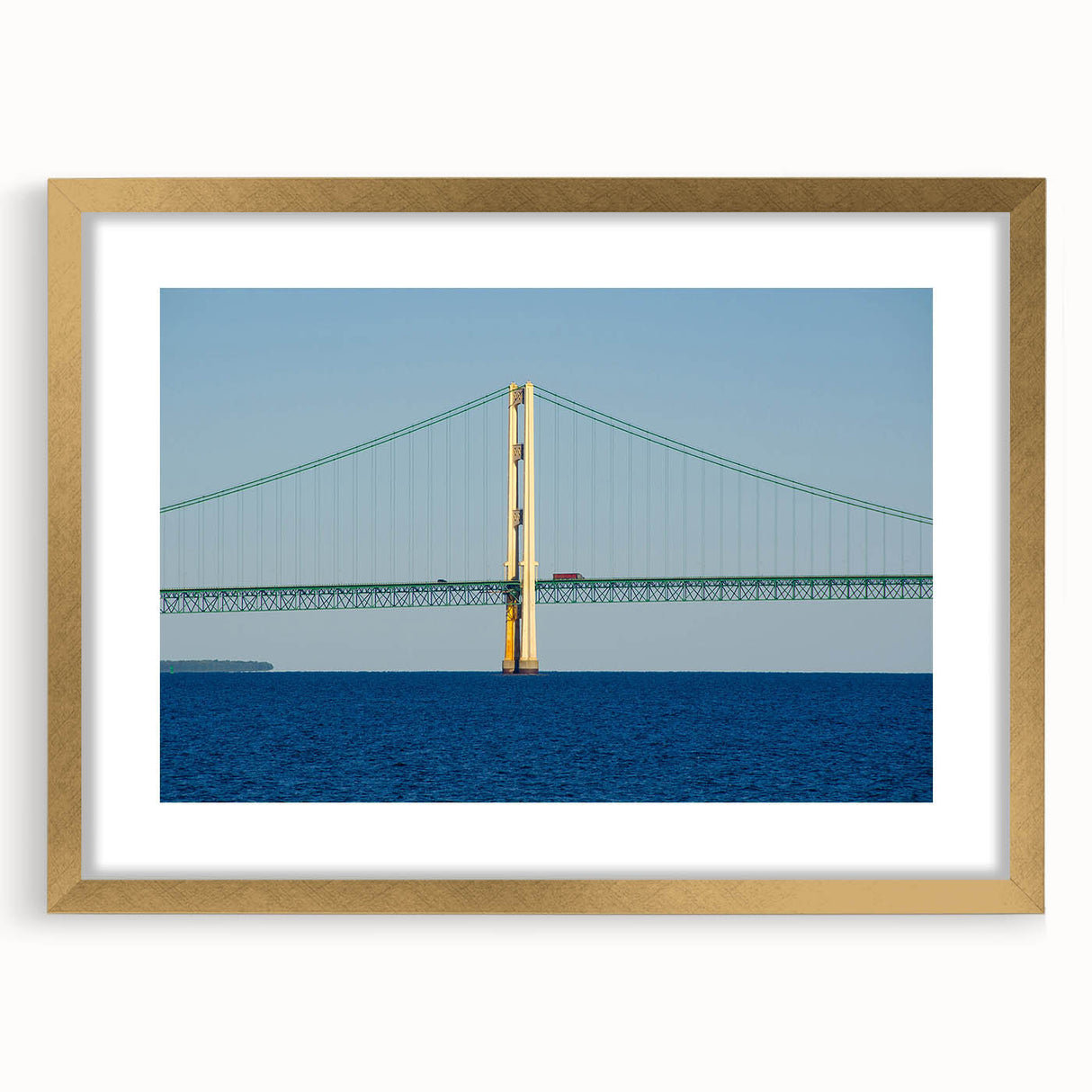 Abstract art print of Michigan's Upper Peninsula in textured gold frame, ideal for extra large wall art in living rooms.