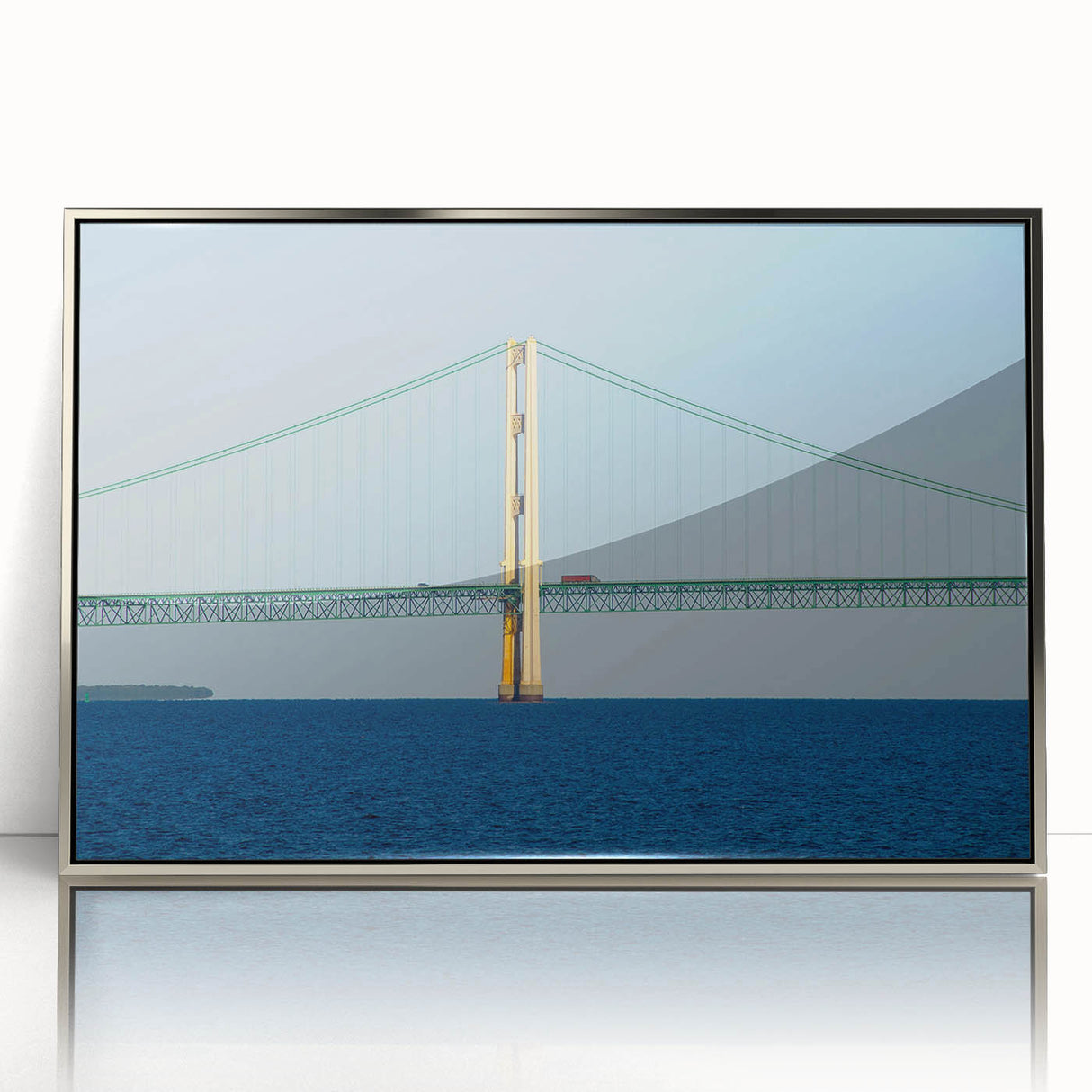 Mid-century modernist art depicting the Michigan Upper Peninsula in muted earth tones, framed in silver acrylic.