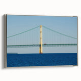 Landscape art painting of Michigan's Upper Peninsula on a framed canvas, featuring colorful autumn trees and a black border.