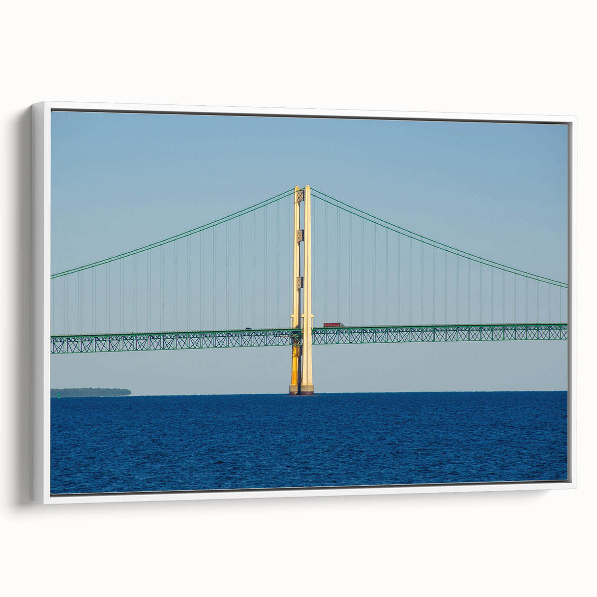 Vintage poster art of Michigan Upper Peninsula scenery in vibrant colors on a large framed canvas.