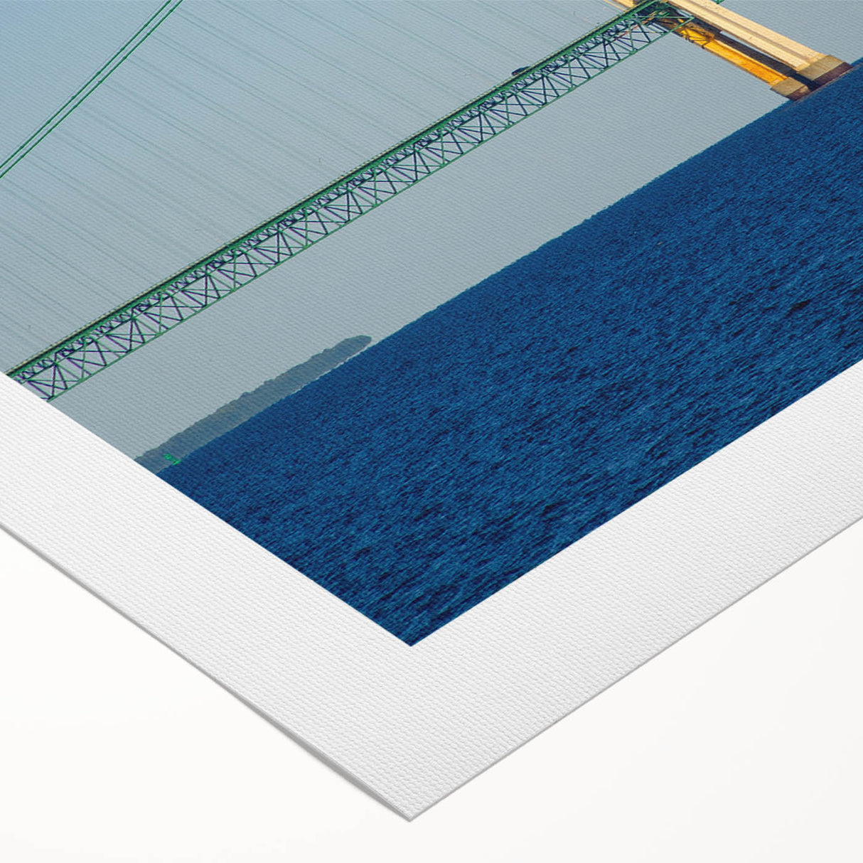 Art deco poster featuring a serene Michigan Upper Peninsula landscape in muted green and blue tones on rolled canvas.