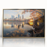 Framed acrylic print of Minneapolis skyline in muted gold tones, ideal for modern art wall decor.
